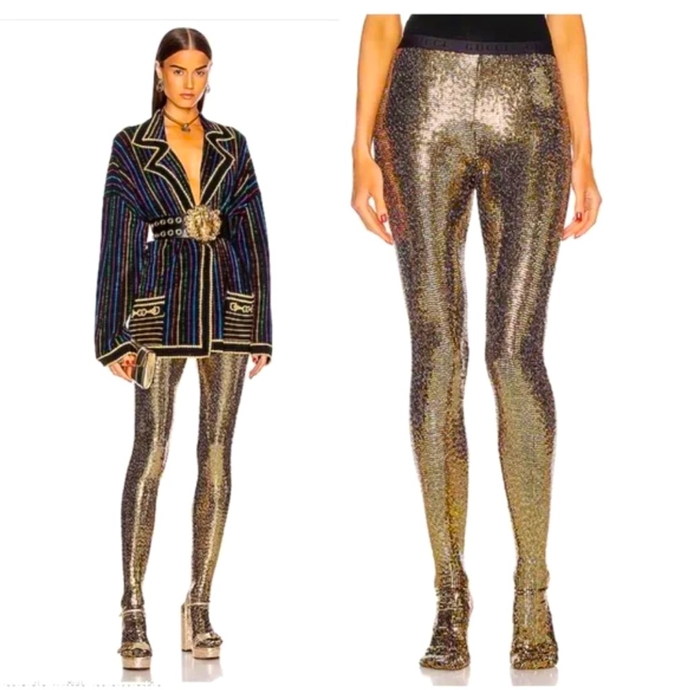 New AUTH GUCCI Gold Sequin Metallic dotted nylon Footed Tights sz XS